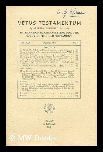 Item #192295 Vetus Testamentum. Vol. XXV, October 1975, No.4. International Organization of Old Testament Scholars.