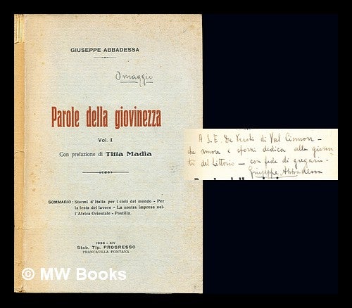 Item #244230 Parole della giovinezza: Vol. 1: con prefazione di Titta Madia. Giuseppe Abbadessa.