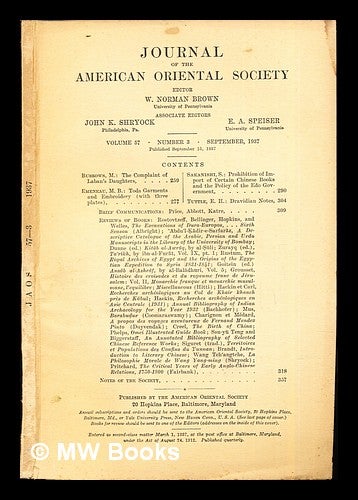 Item #279905 Journal of the American Oriental Society: vol. 57: number 3: September, 1937. W. Norman . Shryock. John K. . Speiser Brown, E. A., ed., assoc. ed.