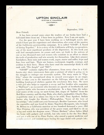 Item #281627 Periodical Letter from Upton Sinclair: Station A. Pasadena, California: September, 1936. Upton Sinclair.