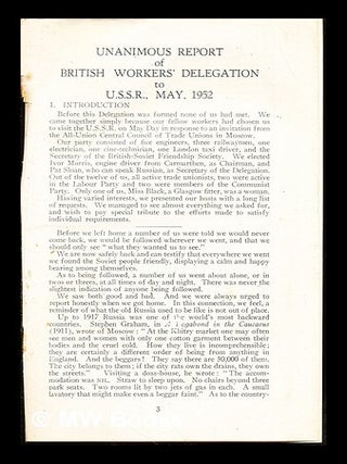 Item #284302 Unanimous Report of British Workers' Delegation to U.S.S.R., May, 1952. British...