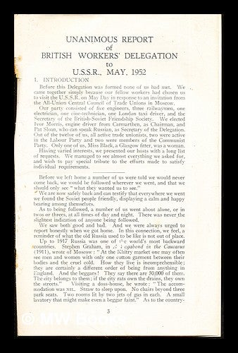 Item #284302 Unanimous Report of British Workers' Delegation to U.S.S.R., May, 1952. British Workers' Delegation to the U. S. S. R.