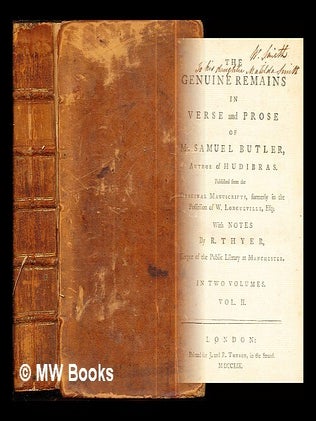 Item #287472 The Genuine Remains in Verse and Prose of Mr. Samuel Butler ... Published from the...