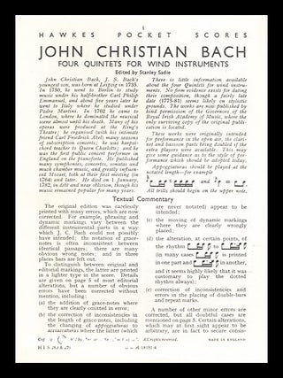Item #372110 John Christian Bach; Four Quintets for Wind Instruments. John Christian. Sadie Back,...