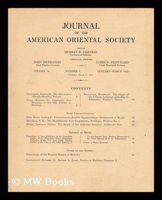 Item #69924 Journal of the American Oriental Society - Volume 72, Number 1, January-March 1952....
