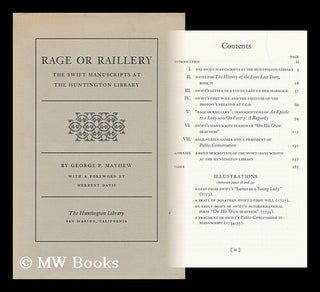 Item #90041 Rage or Raillery; the Swift Manuscripts At the Huntington Library, by George P....